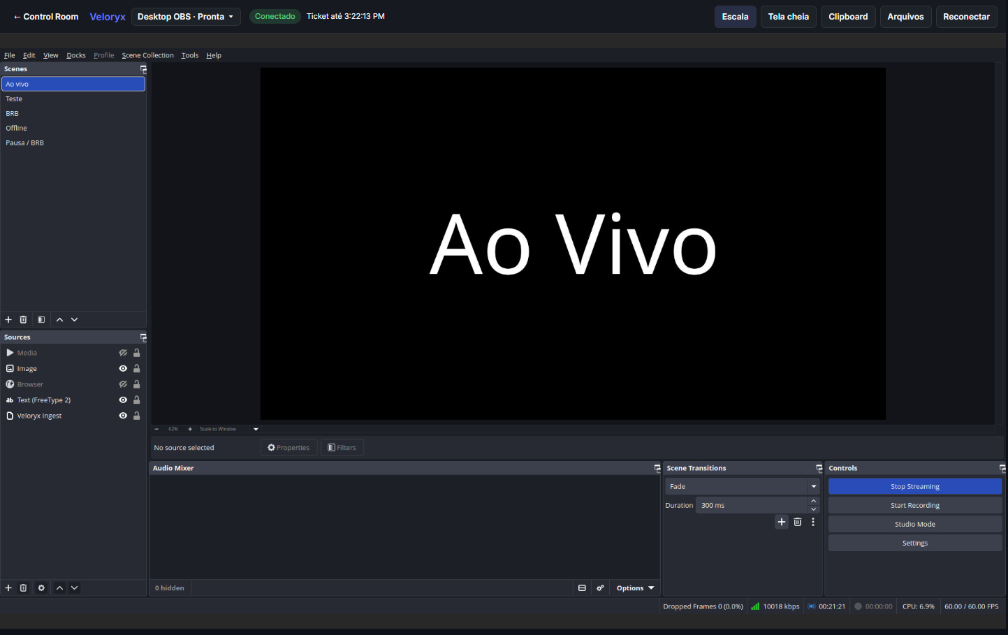 Desktop remoto do Cloud OBS com OBS Studio aberto no painel.
